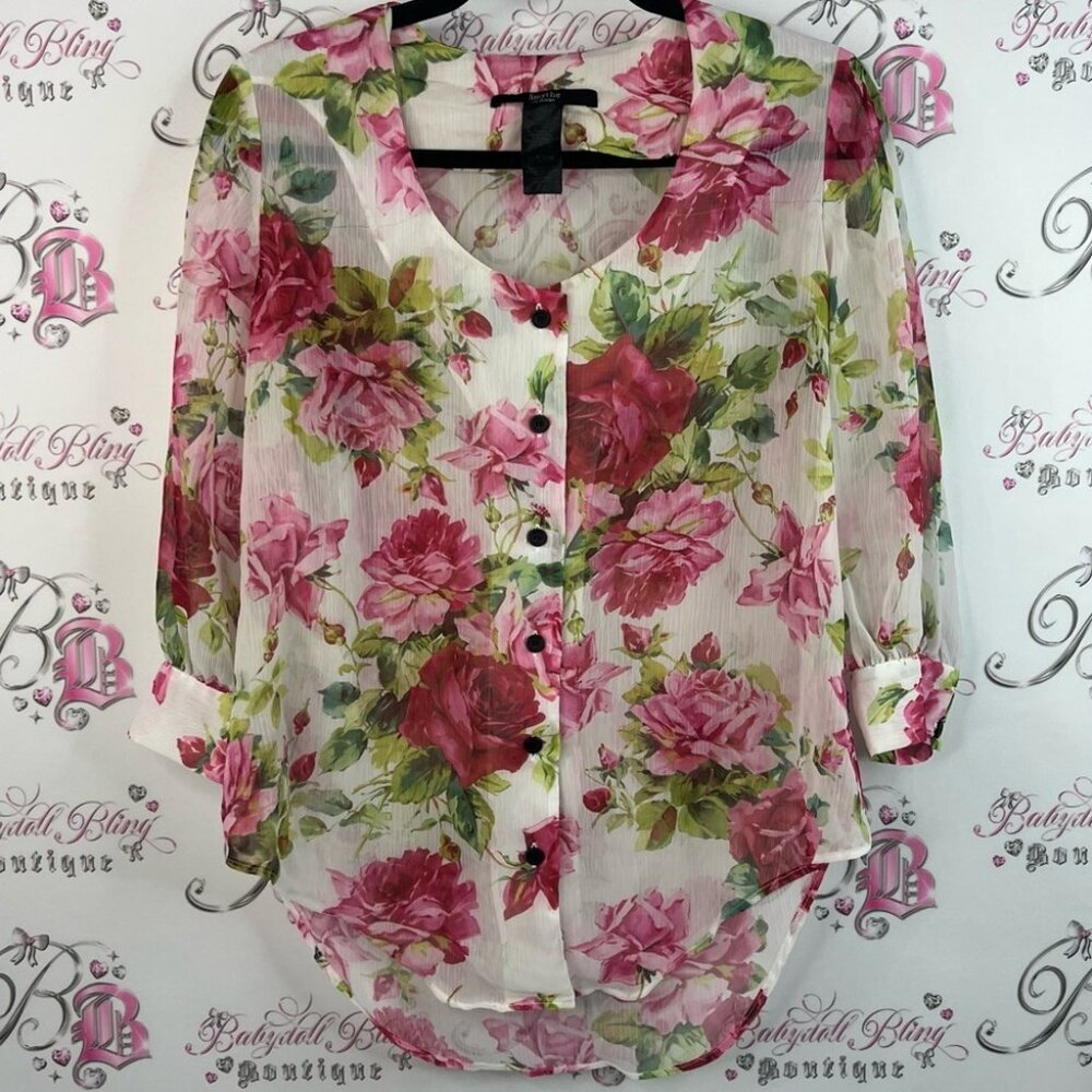 Smythe Les blouses flowers Floral Sheer Blouse - Pink and Green white buttons
